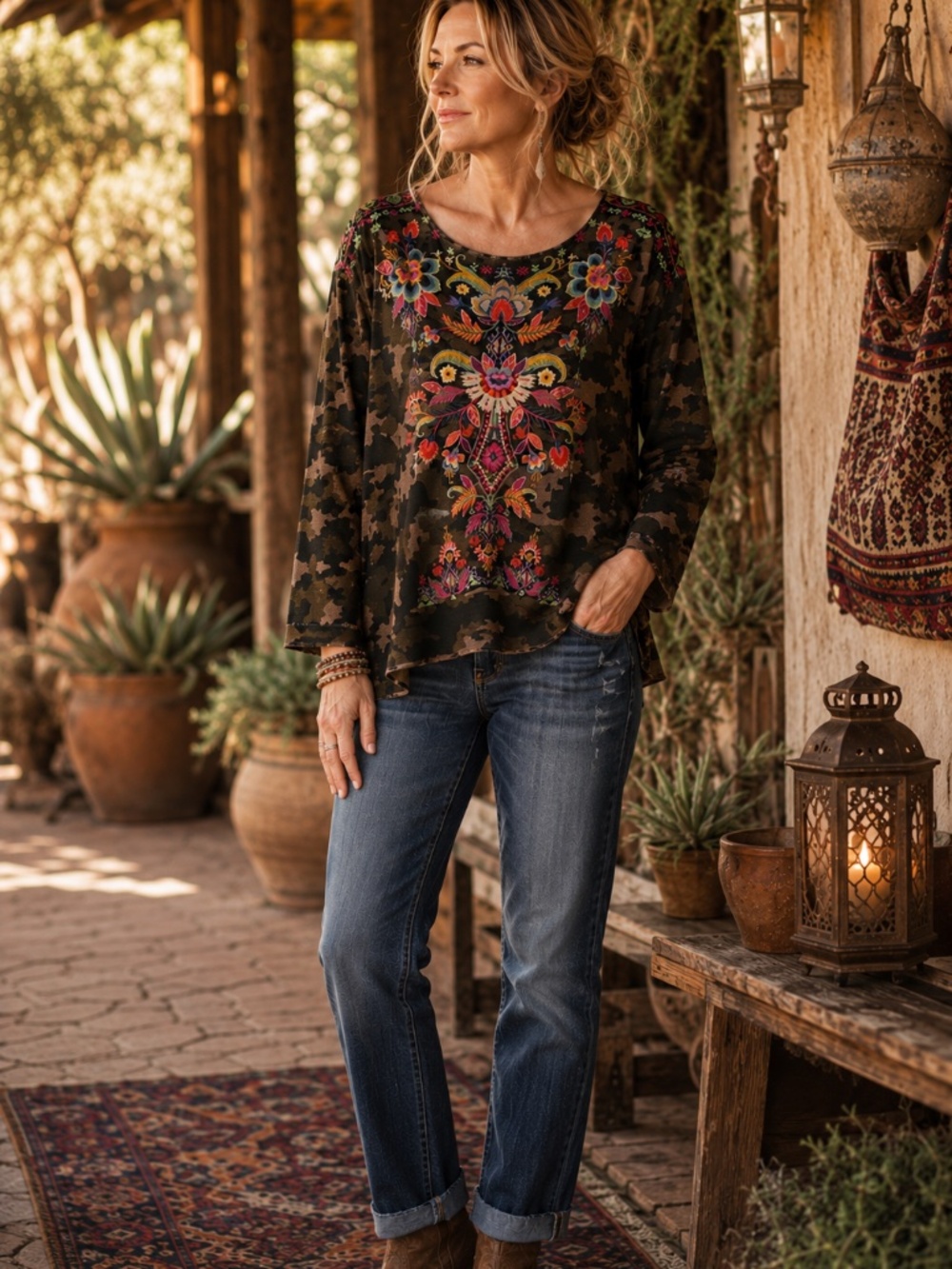 Johnny Was XL Embroidered Camo Waffle Knit Long Sleeve Top Boho
